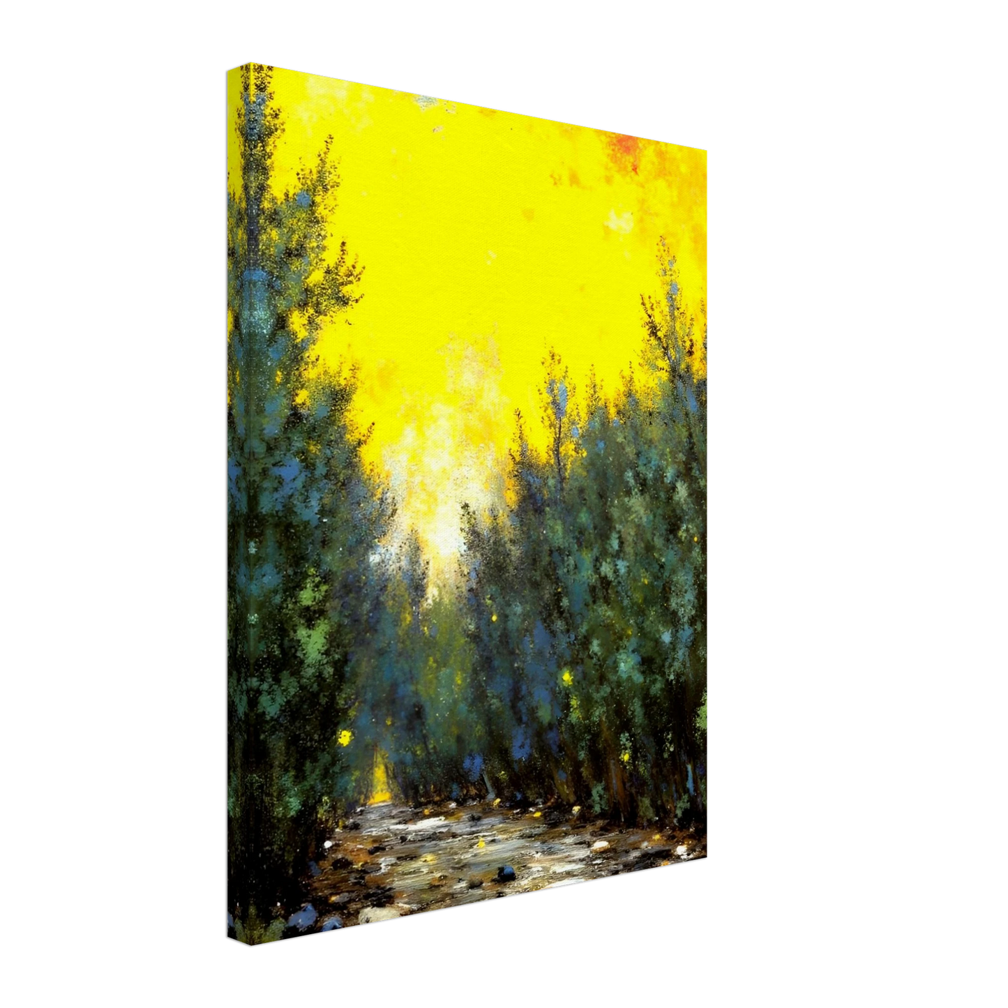 A glowing yellow sky illuminates a narrow forest path lined with lush green trees and scattered stones in soft sunlight.