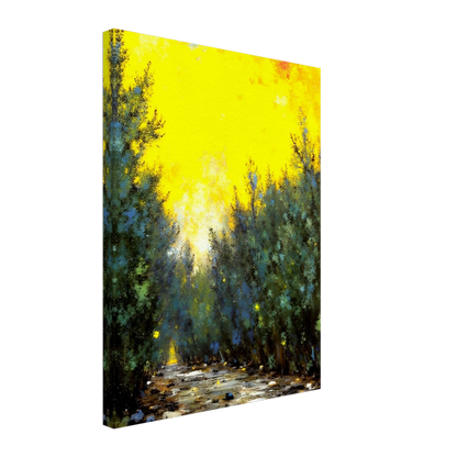 A glowing yellow sky illuminates a narrow forest path lined with lush green trees and scattered stones in soft sunlight.
