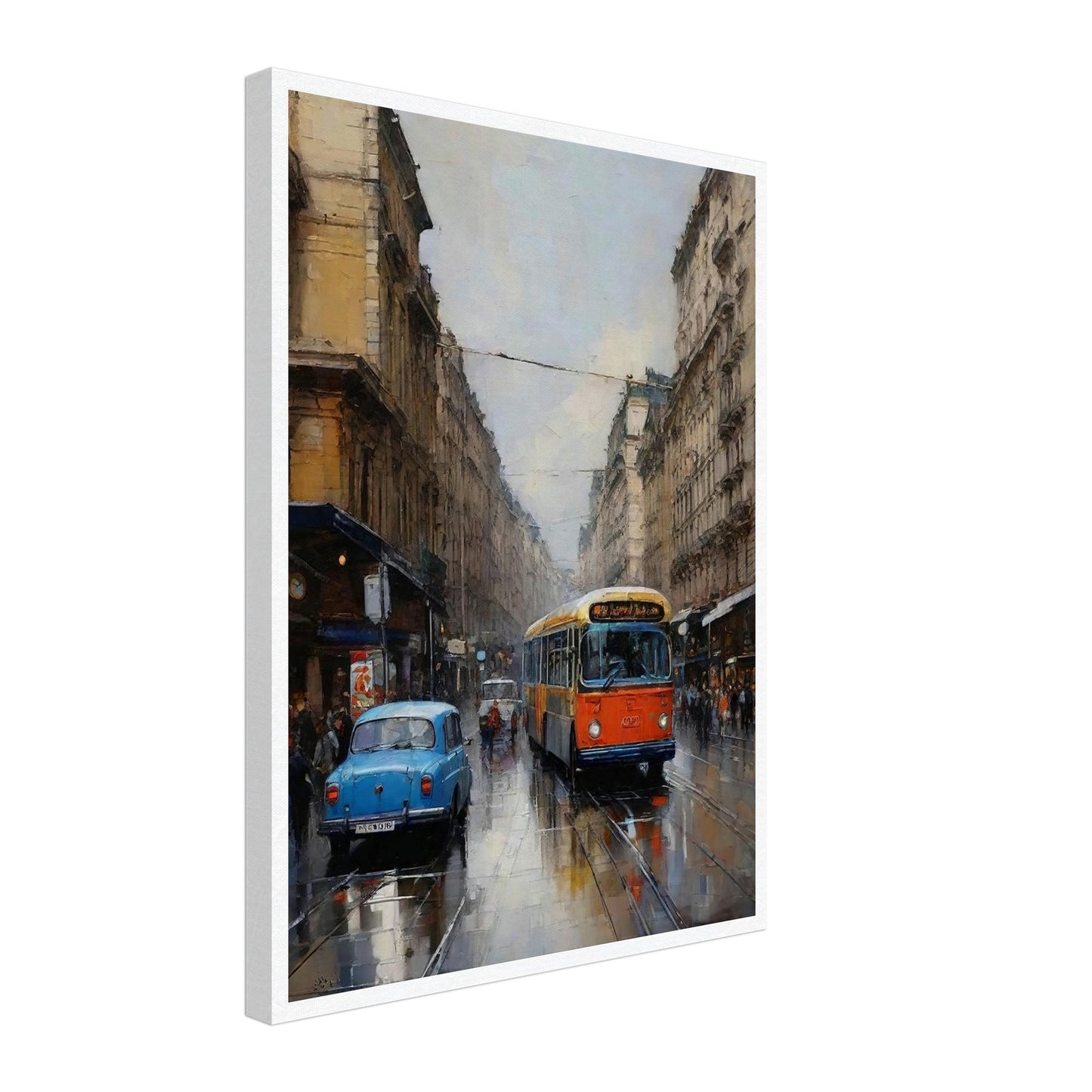 "A beautifully painted urban scene of a streetcar moving through a rainy city, with classic cars and reflective wet streets, evoking a sense of nostalgia."