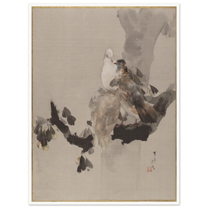 Three pigeons perch on a pale tree branch with gray leaves on silk