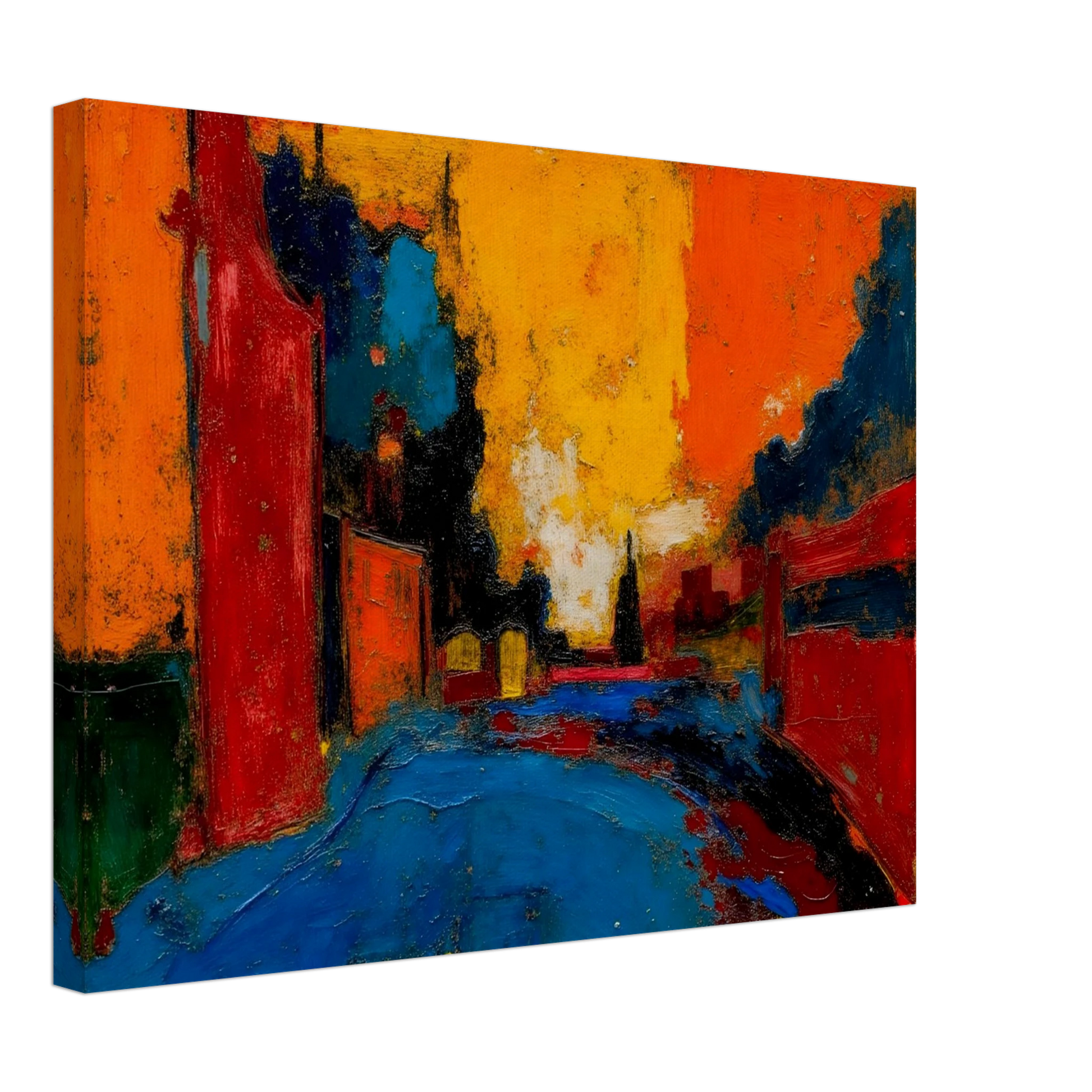 An expressive urban street scene painted in bold reds, oranges, blues, and black, featuring buildings lining a road beneath a dramatic glowing sunset sky.