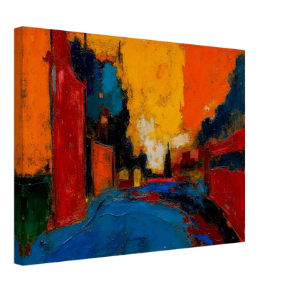 An expressive urban street scene painted in bold reds, oranges, blues, and black, featuring buildings lining a road beneath a dramatic glowing sunset sky.