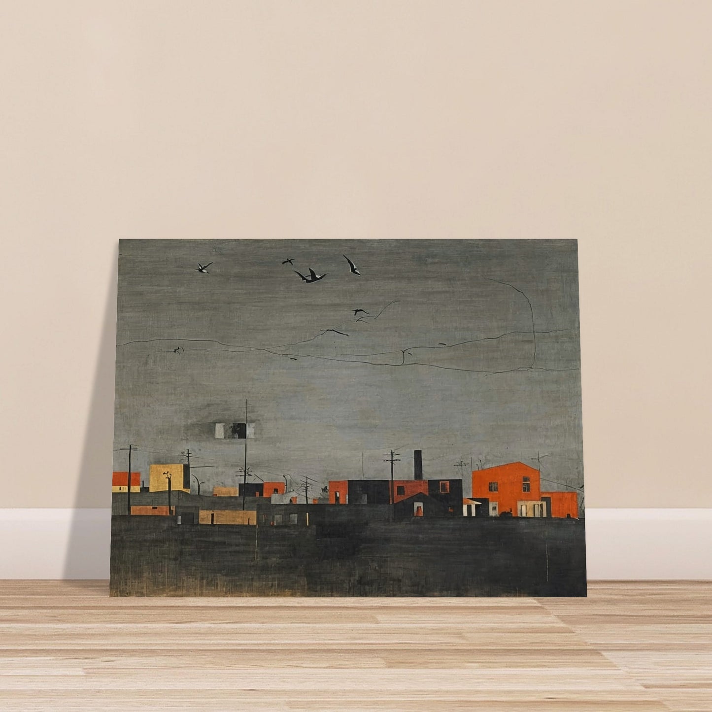 A muted, minimalist townscape with orange and black buildings under a gray sky. Birds are flying overhead, adding a sense of quiet desolation.