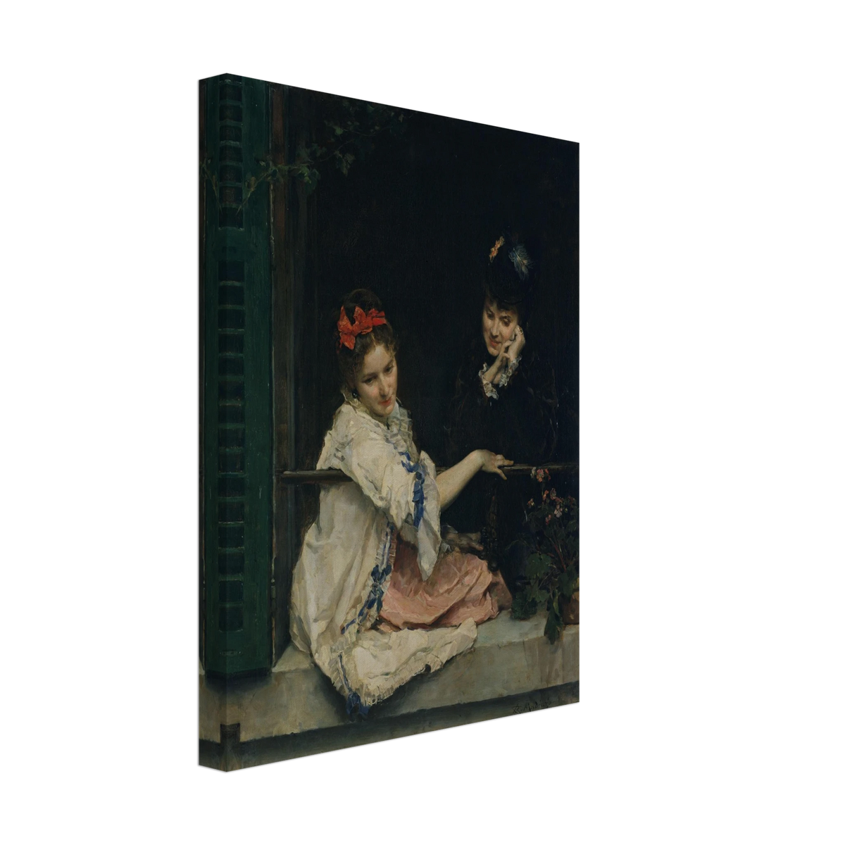Two girls sit at a dark window, one in white with a red bow and the other in black.