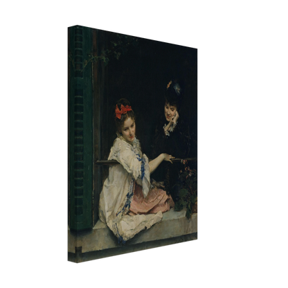Two girls sit at a dark window, one in white with a red bow and the other in black.