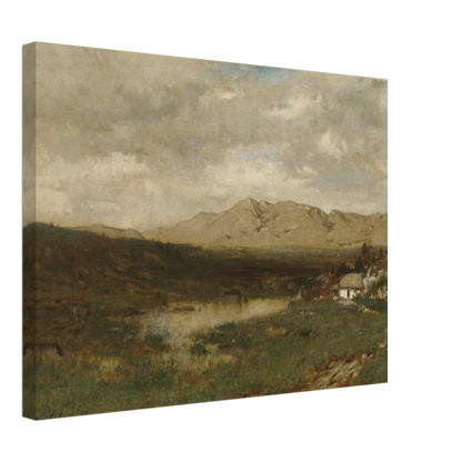 A rural cottage sits below distant mountains beneath a broad, cloudy sky in the Irish countryside.