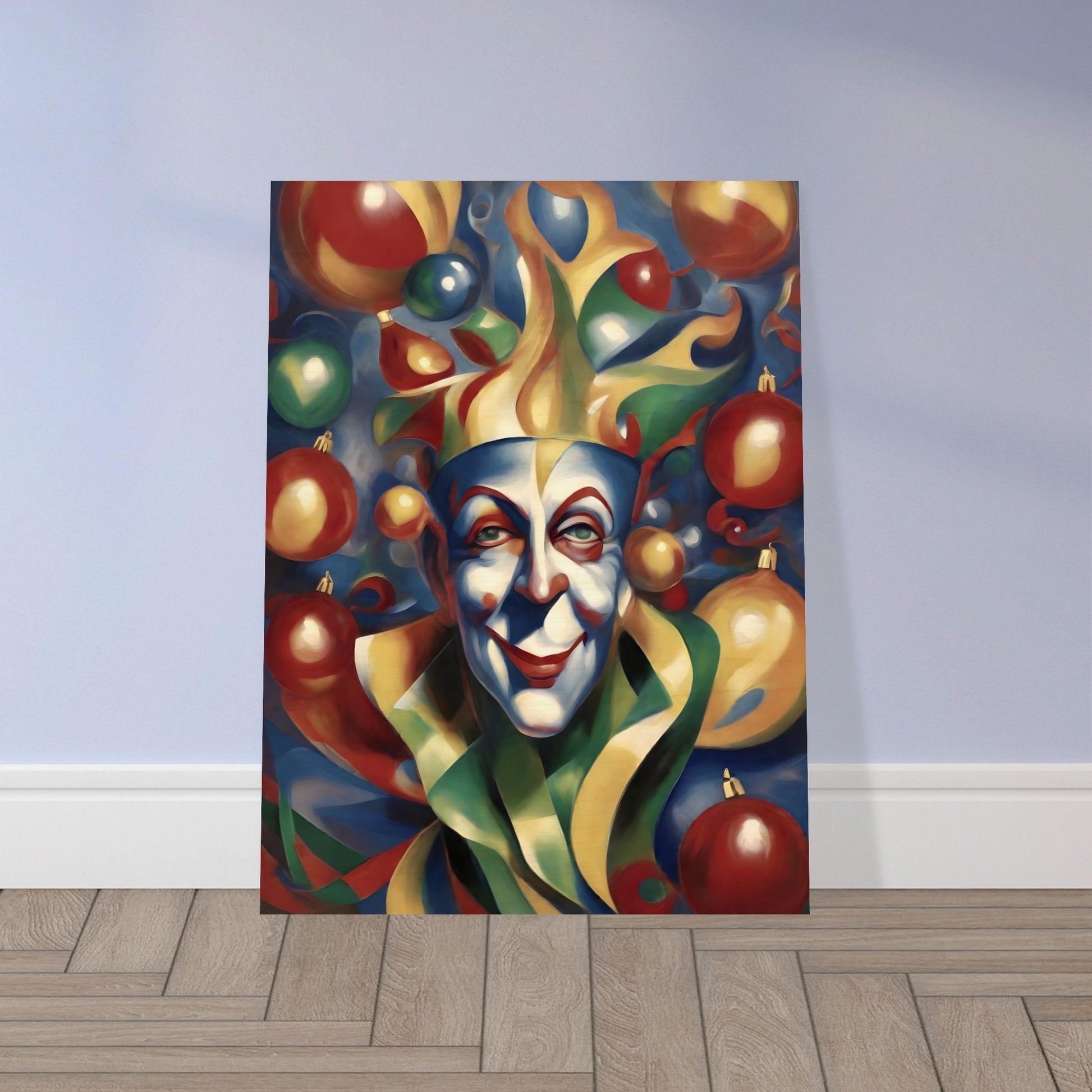 A vibrant painting of a whimsical jester with colorful face paint, surrounded by festive ornaments in red, gold, green, and blue hues.