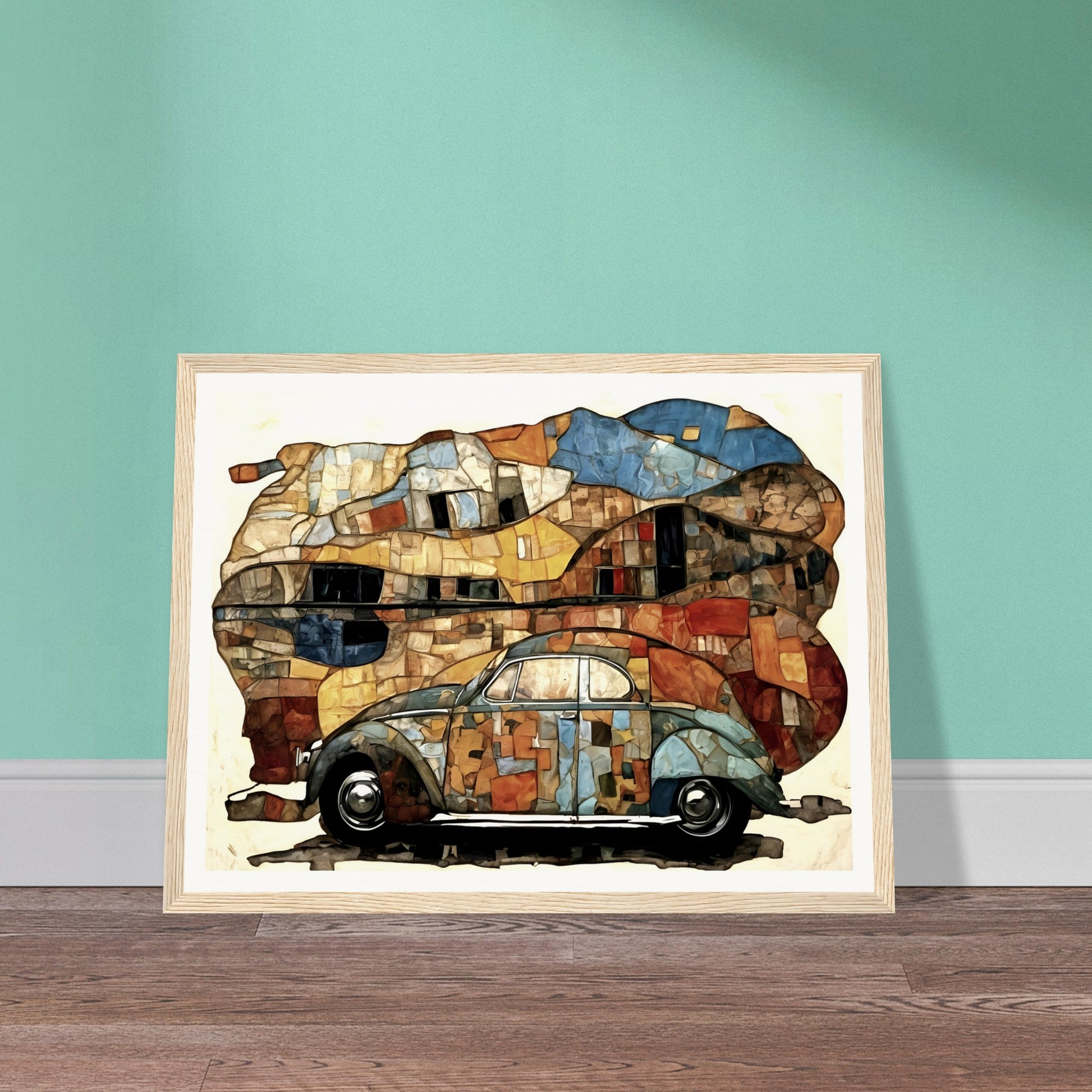 A colorful mosaic-style painting of a classic blue and orange beetle car, set against an abstract, fragmented background of earthy tones.