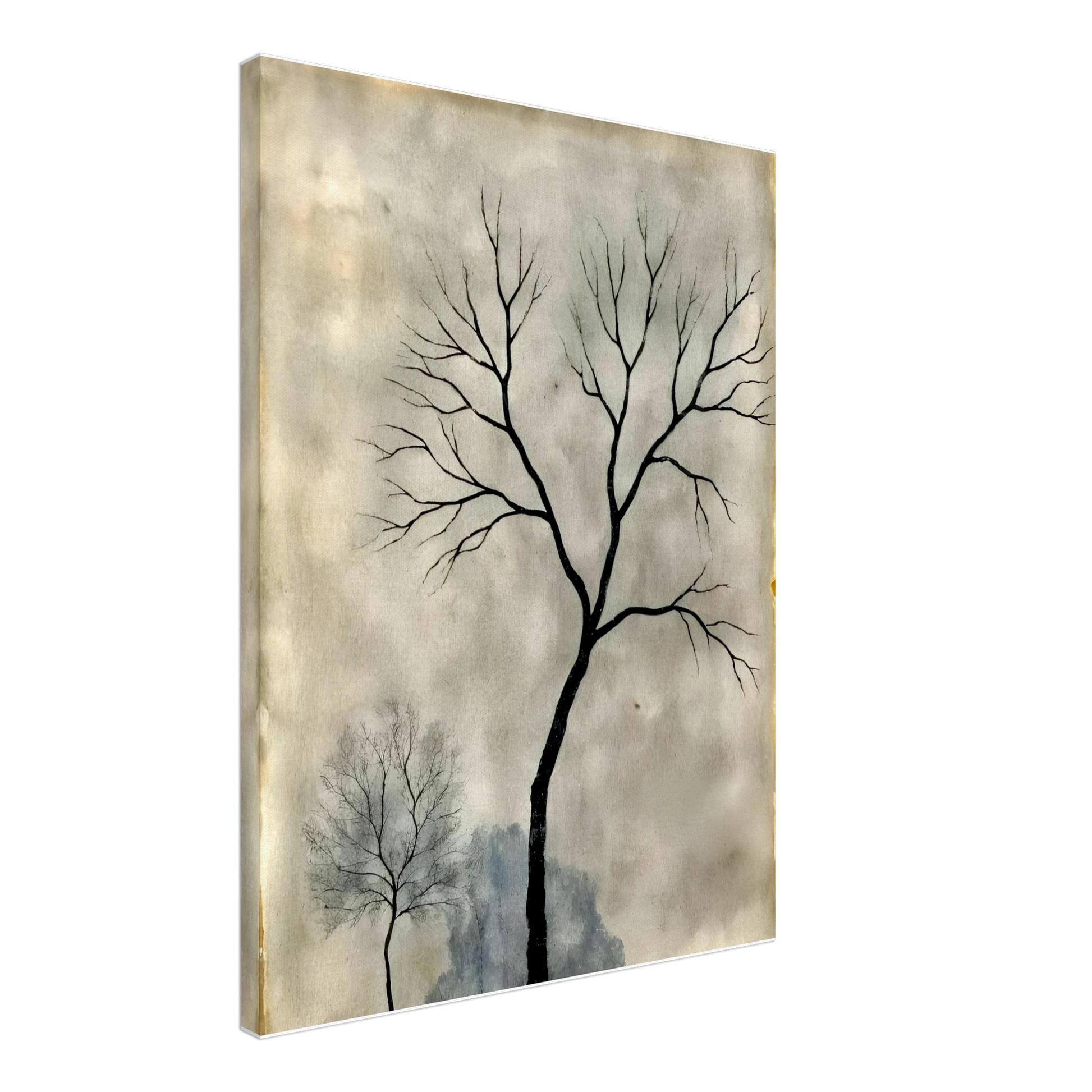 Two leafless trees stand silhouetted against a misty gray sky, evoking a quiet, contemplative atmosphere.