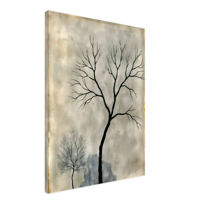 Two leafless trees stand silhouetted against a misty gray sky, evoking a quiet, contemplative atmosphere.