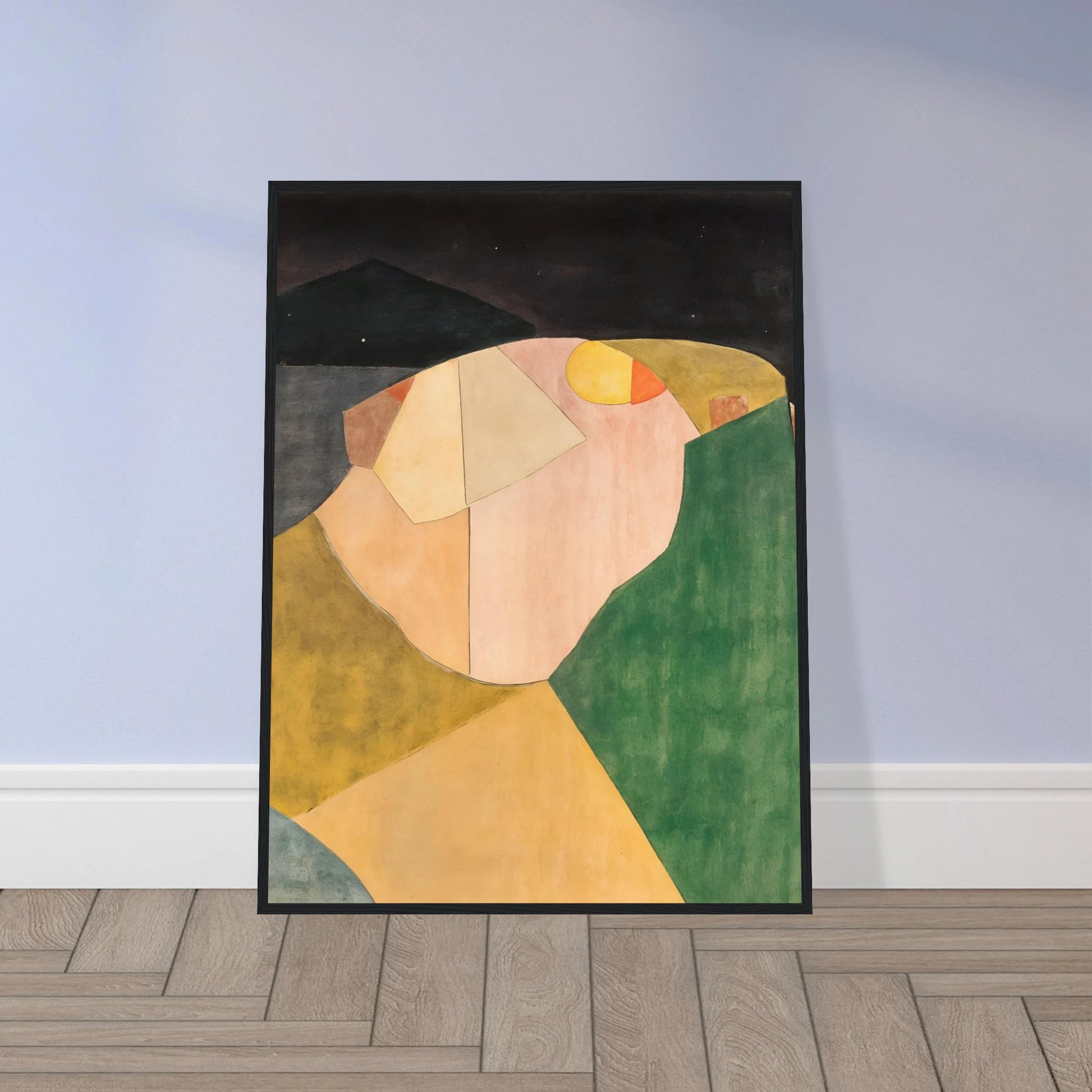 An abstract landscape of overlapping shapes in green, ochre, and pink under a dark night sky with a soft yellow moon.