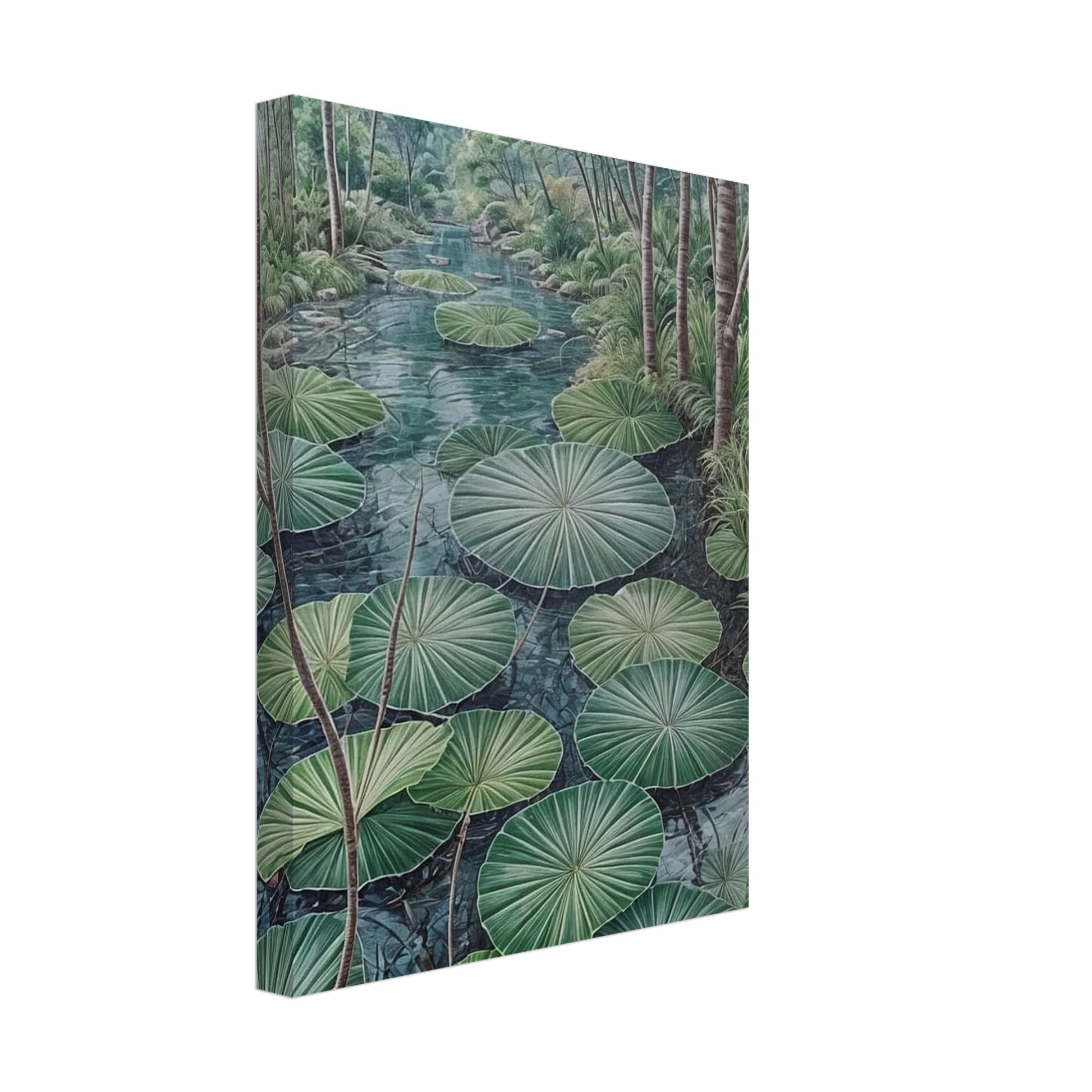 A serene painting of a lush green pond filled with large lotus leaves, surrounded by tall trees and dense foliage.