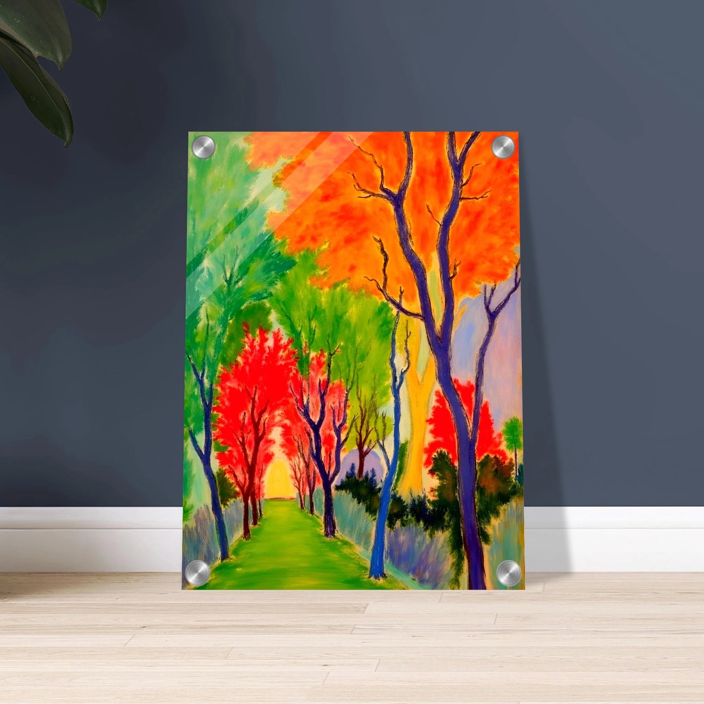 A vivid forest pathway glowing with fiery orange, green, and red trees, symbolizing nature’s changing seasons and renewal.
