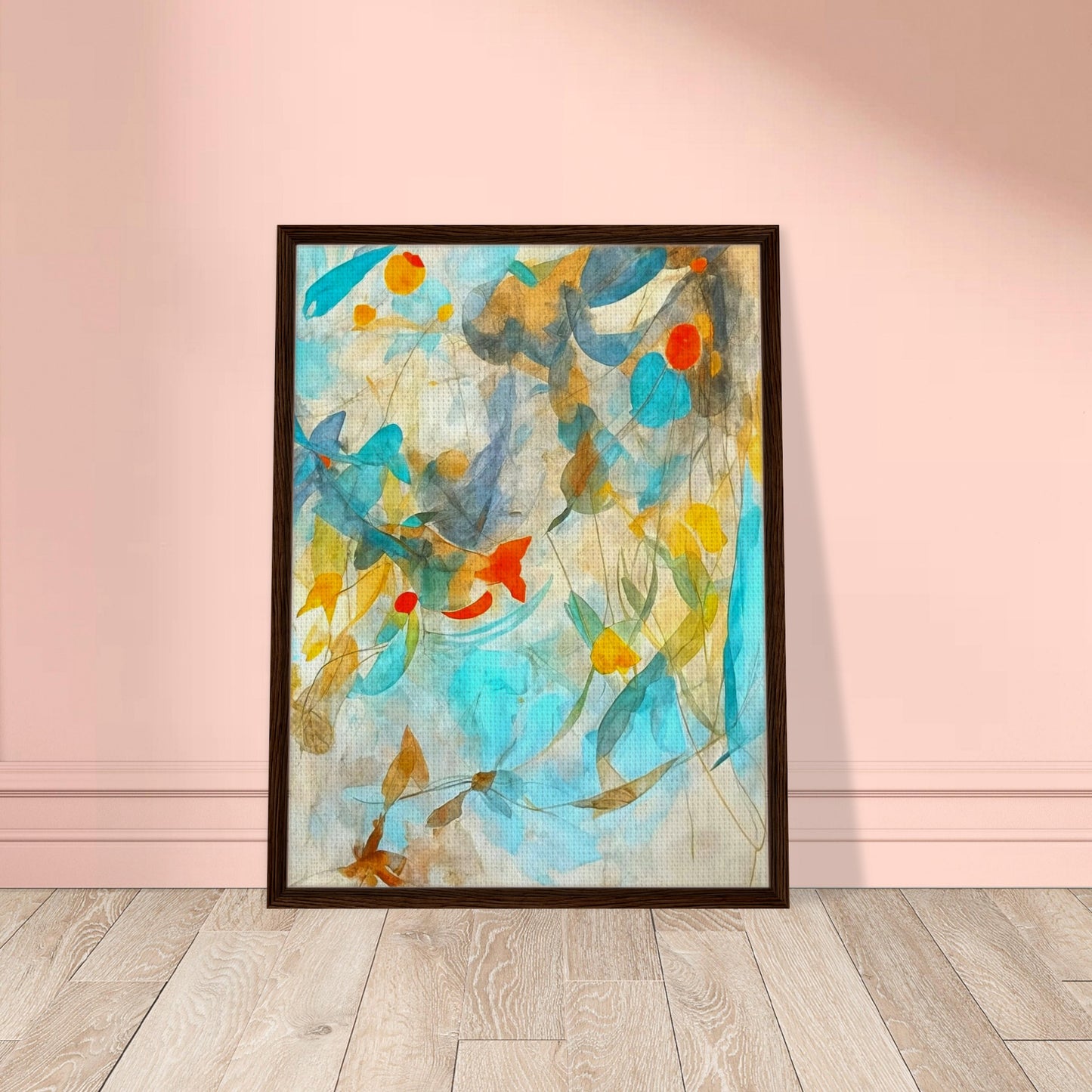 A delicate abstract painting with soft blue, yellow, and orange tones blending harmoniously, evoking the fluidity of nature's elements.