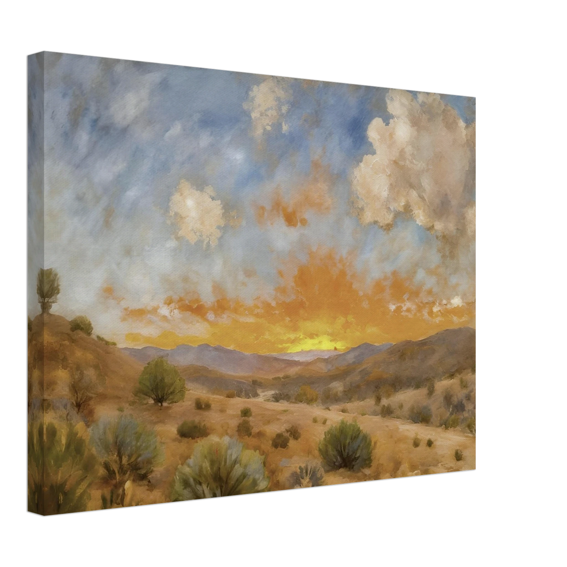 A glowing orange sunset spreads over a tranquil desert valley with scrubby bushes, rolling hills, and dramatic cloud cover.