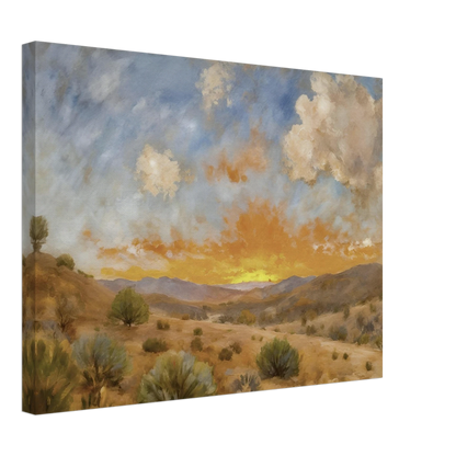 A glowing orange sunset spreads over a tranquil desert valley with scrubby bushes, rolling hills, and dramatic cloud cover.