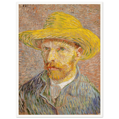 Van Gogh self-portrait in a yellow straw hat, blue jacket, and textured pastel strokes.