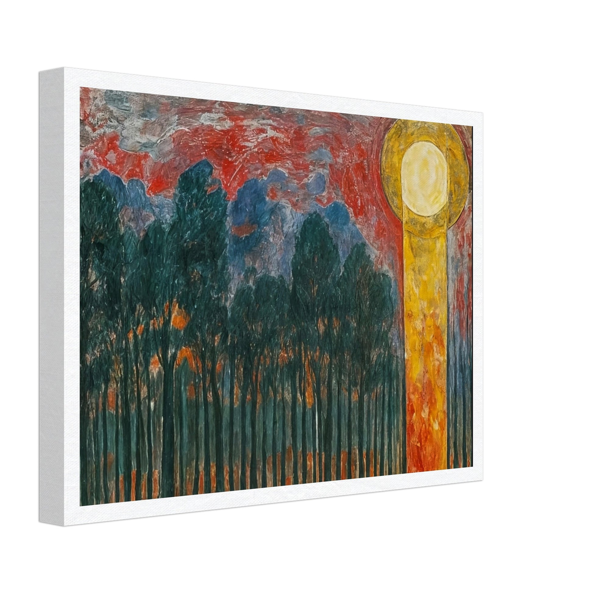 A vibrant painting of a forest with dark trees under a dramatic red and blue sky, with a glowing yellow sun.