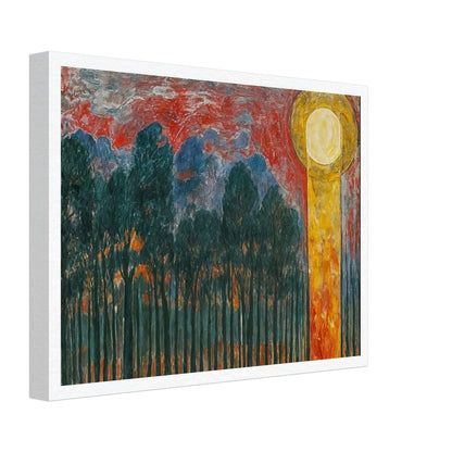 A vibrant painting of a forest with dark trees under a dramatic red and blue sky, with a glowing yellow sun.