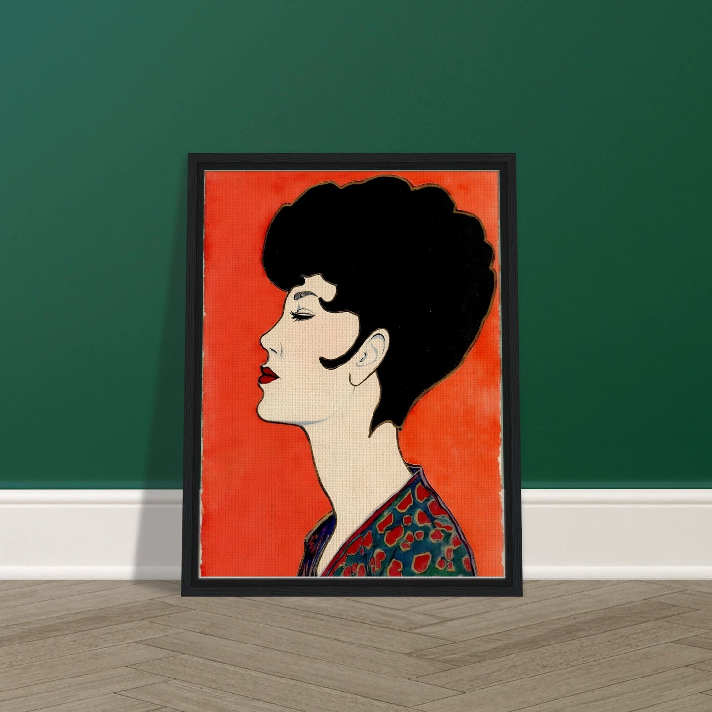 Elegant side-profile portrait of a woman with sculpted dark hair, vivid red lips, and patterned attire set against a radiant scarlet backdrop.