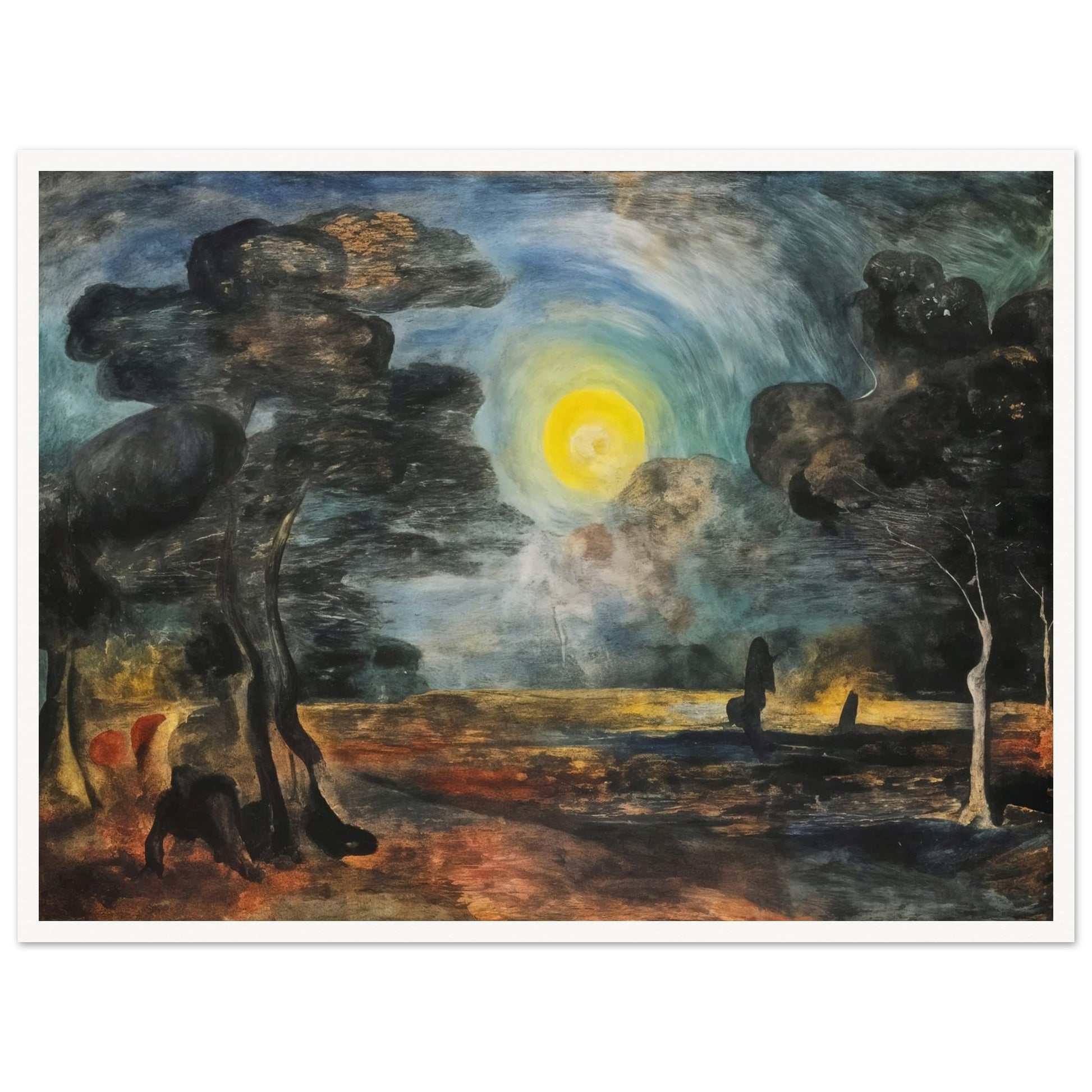 A surreal landscape bathed in the light of a glowing full moon, with dark trees and mysterious figures creating an eerie atmosphere.