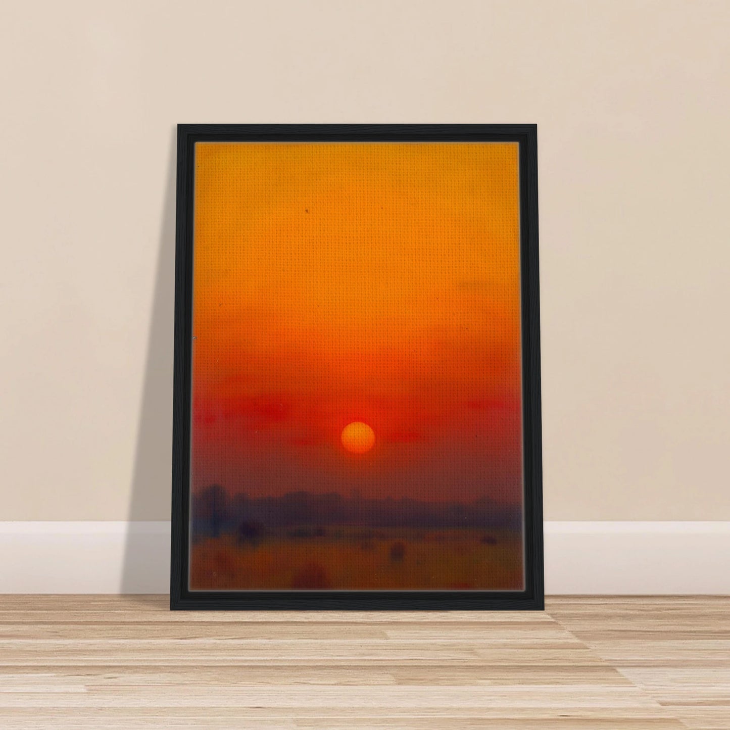 A golden-orange sunset over a hazy horizon, with the sun glowing in a vivid red and amber sky.