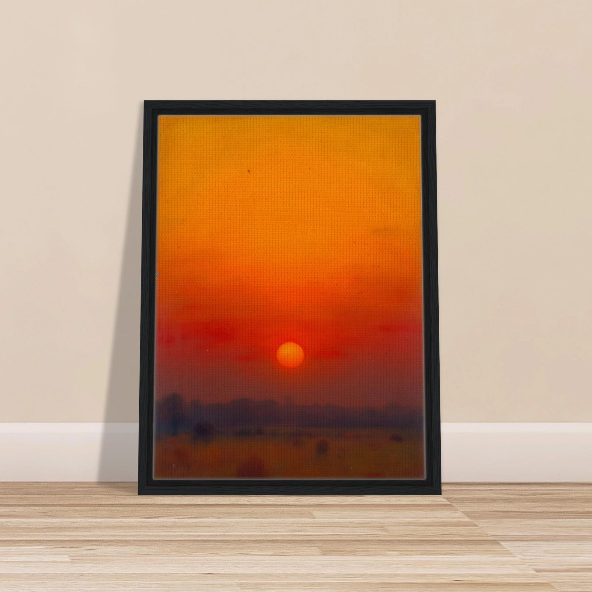 A golden-orange sunset over a hazy horizon, with the sun glowing in a vivid red and amber sky.