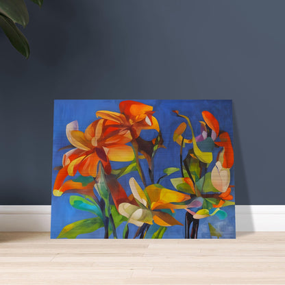 A vibrant floral painting with bold orange, yellow, and green flowers against a deep blue background, creating a striking contrast of warm and cool tones