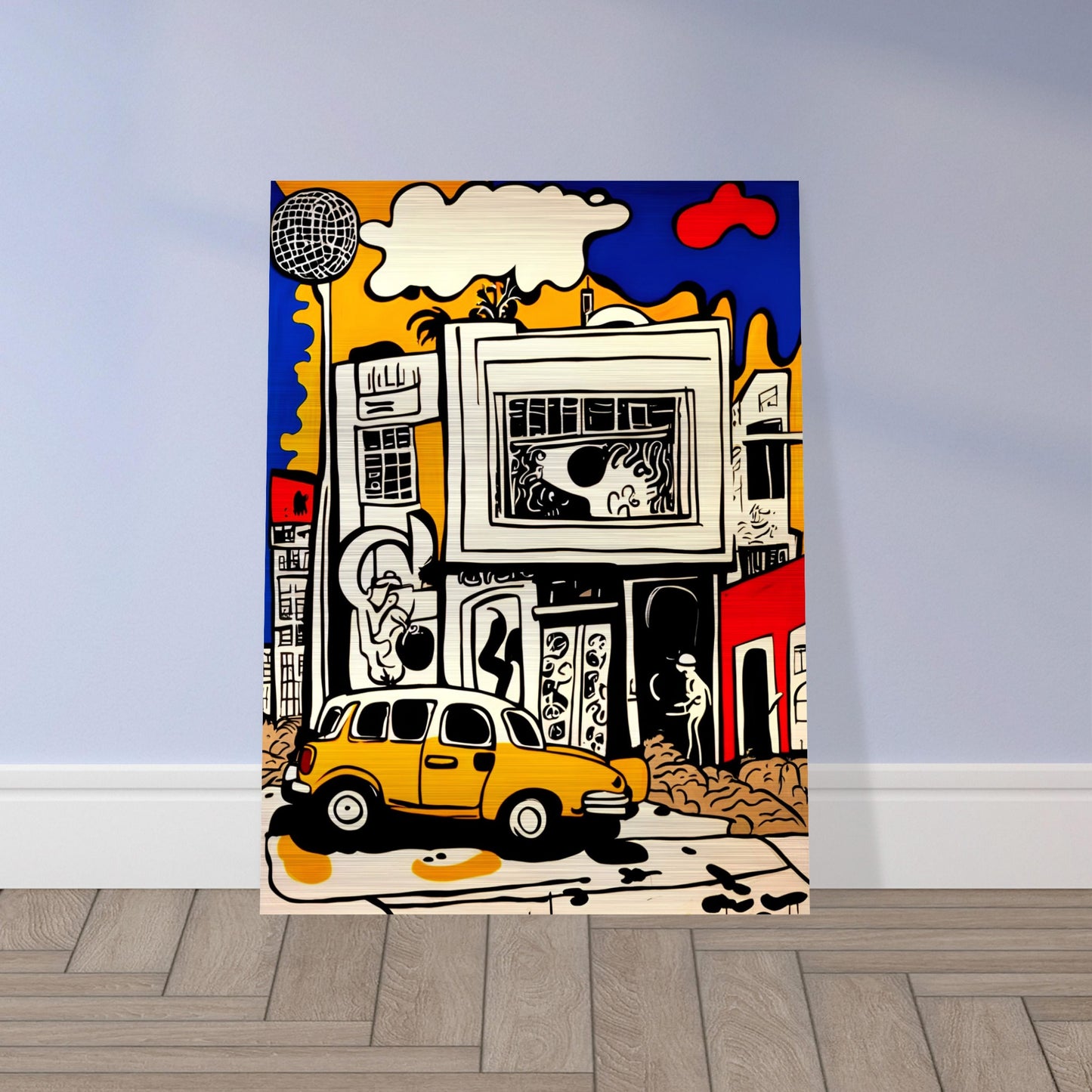 A vibrant city scene with a bold yellow car, abstract buildings, and dynamic urban elements in pop-art style with strong black outlines.