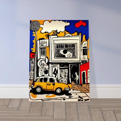 A vibrant city scene with a bold yellow car, abstract buildings, and dynamic urban elements in pop-art style with strong black outlines.