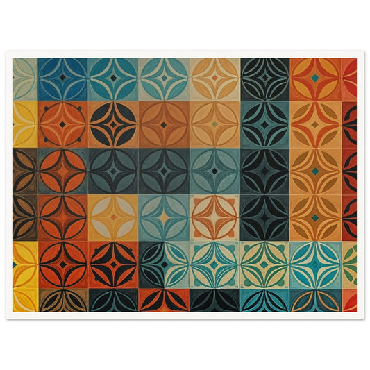 An abstract painting featuring a grid of colorful geometric patterns in various shades of blue, orange, and yellow.