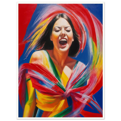 Dynamic portrait of a woman radiating joy, surrounded by swirling vibrant ribbons of red, blue, yellow, and green.