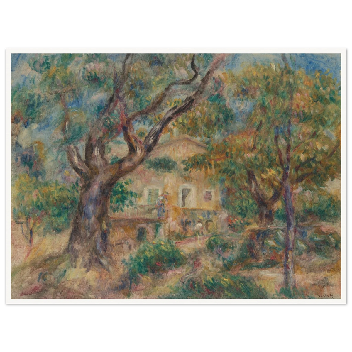 Sunlit farm buildings and trees at Les Collettes in Cagnes, painted with loose, vibrant brushstrokes.