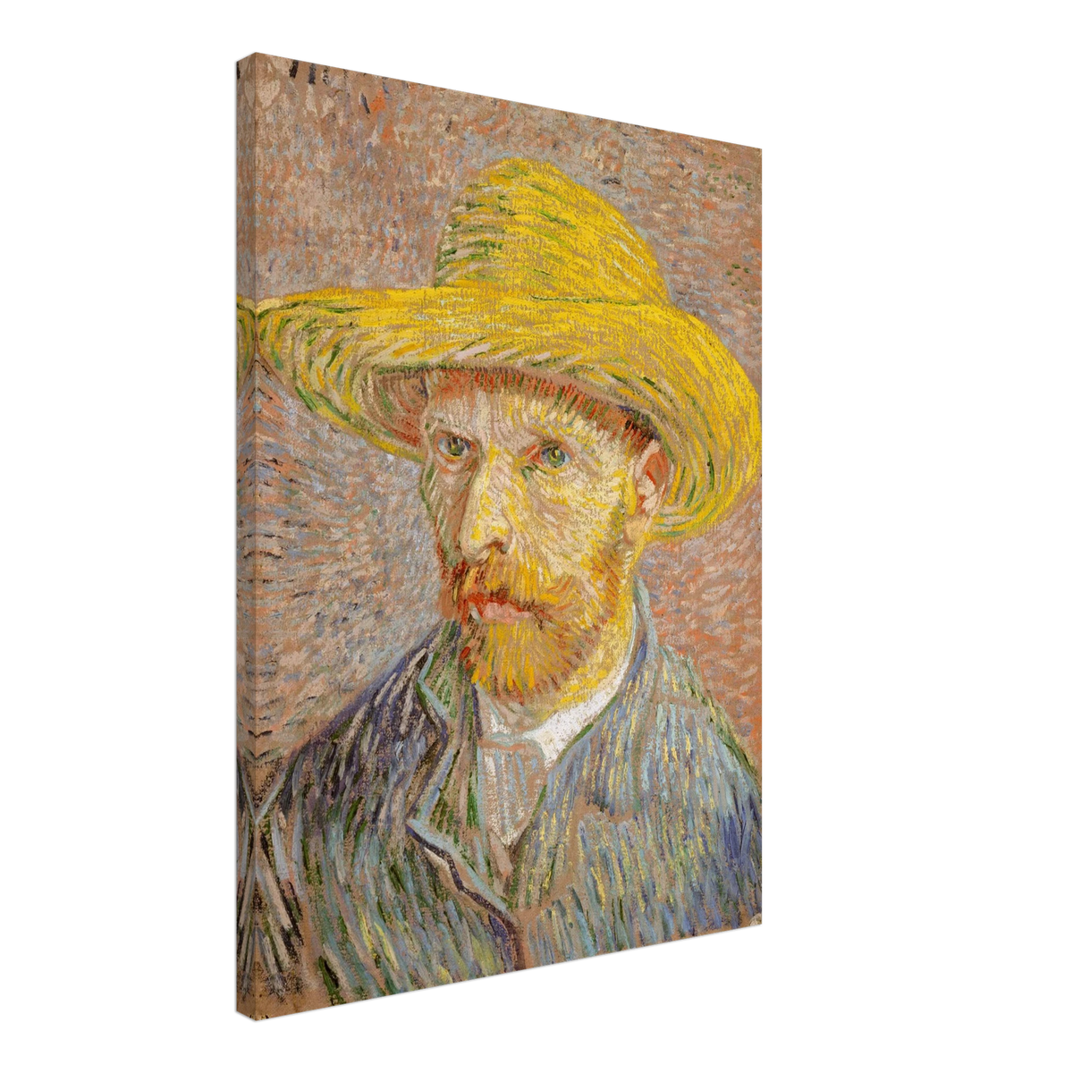 Van Gogh self-portrait in a yellow straw hat, blue jacket, and textured pastel strokes.