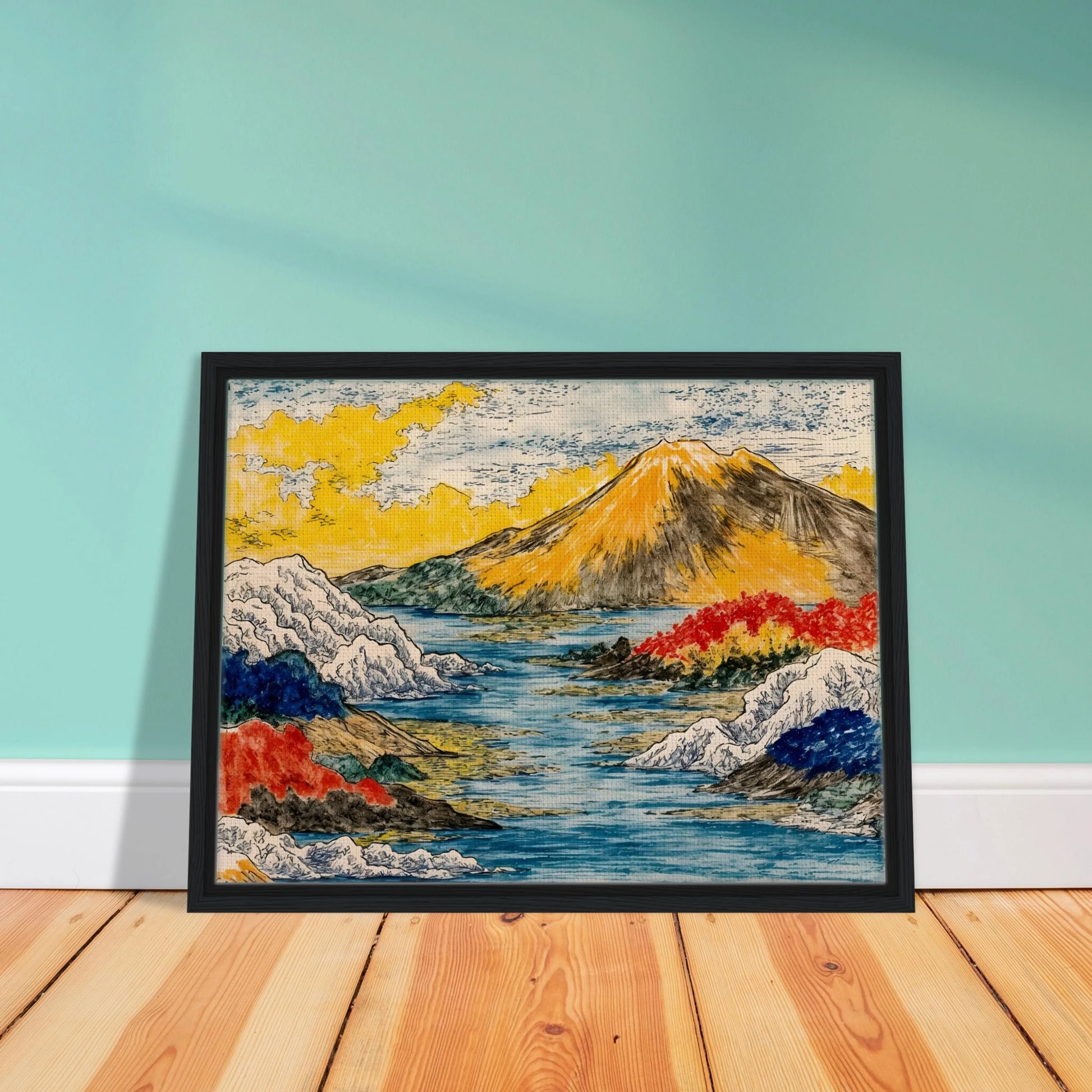 Golden mountain rises over blue water, snowy hills, red trees, and bright yellow clouds.