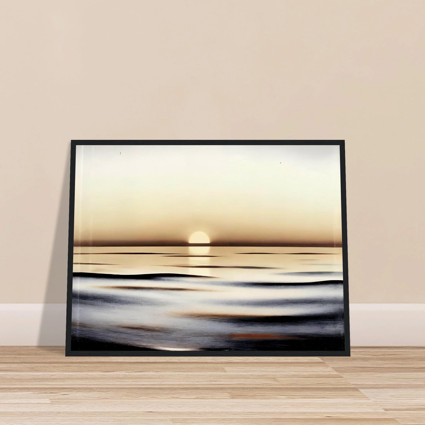 A minimalist seascape capturing the calm of sunrise, where golden light reflects softly on gentle ocean waves.