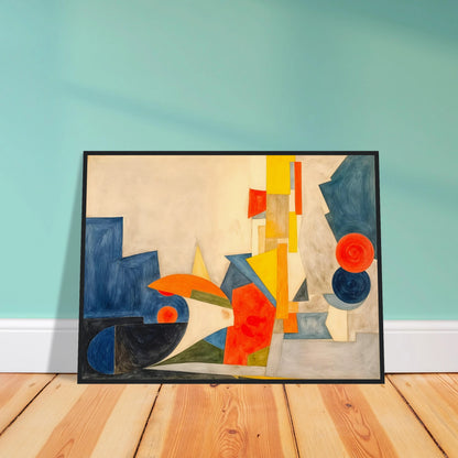 Dynamic geometric forms in blue, orange, and yellow intersect across a cream canvas, suggesting rhythm, motion, and light.