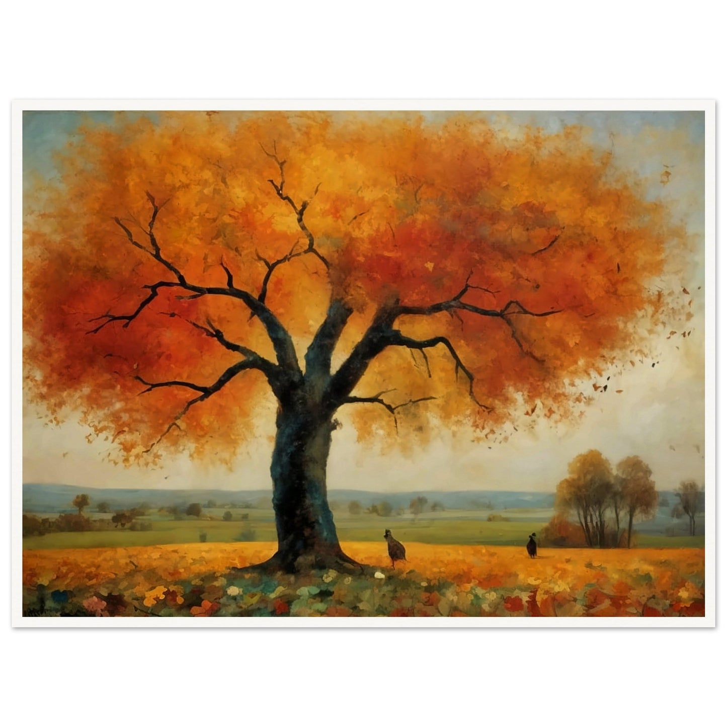 "A breathtaking landscape featuring a large tree with vibrant orange and yellow autumn leaves, set against a tranquil countryside."