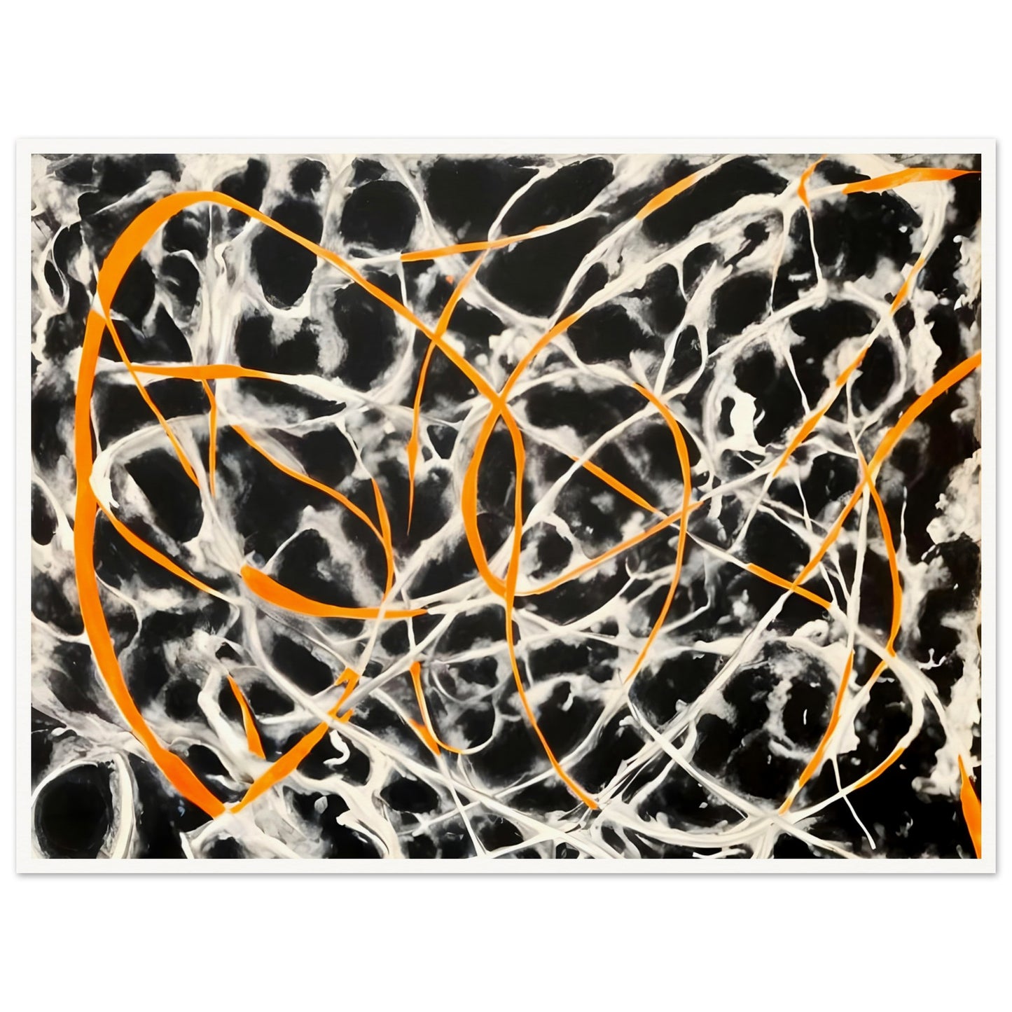 Dynamic black and white background with vibrant orange lines intertwining, creating an energetic and chaotic web of movement.