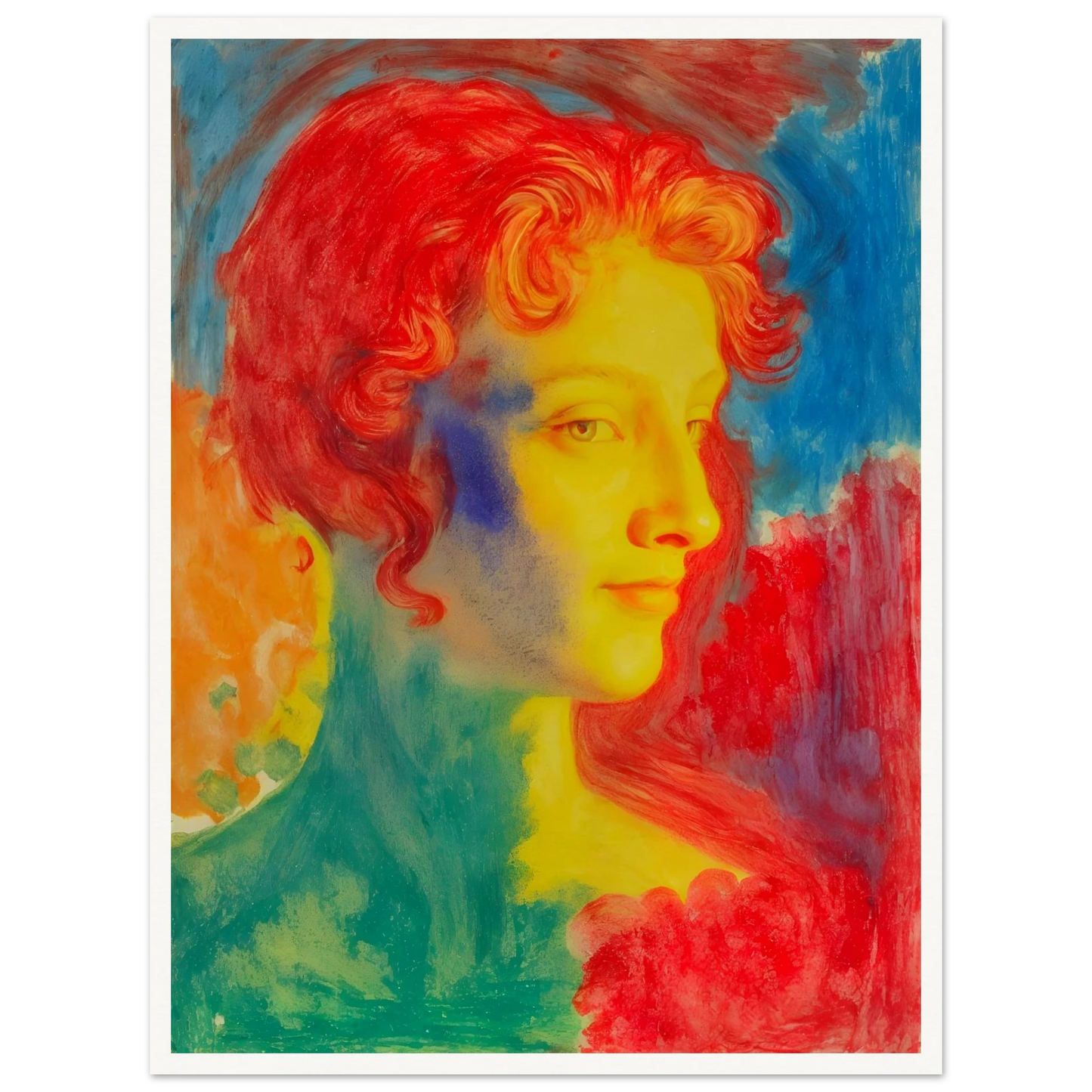A vivid portrait of a woman in glowing reds, blues, and golds, blending luminous tones into a dreamlike expressive composition.