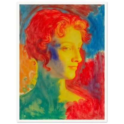A vivid portrait of a woman in glowing reds, blues, and golds, blending luminous tones into a dreamlike expressive composition.