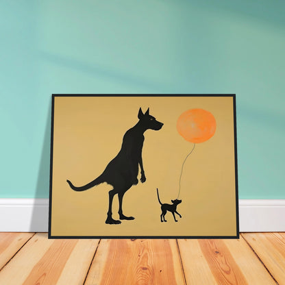 Two silhouetted dogs stand under a soft tan sky, one holding an orange balloon, capturing a playful moment of friendship.