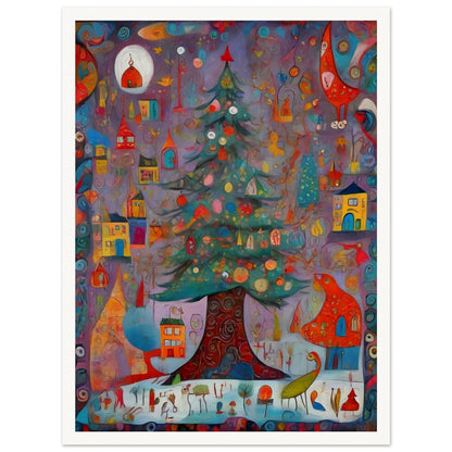 A colorful and whimsical artwork featuring a decorated Christmas tree surrounded by playful houses, birds, and festive ornaments on a vibrant purple background.