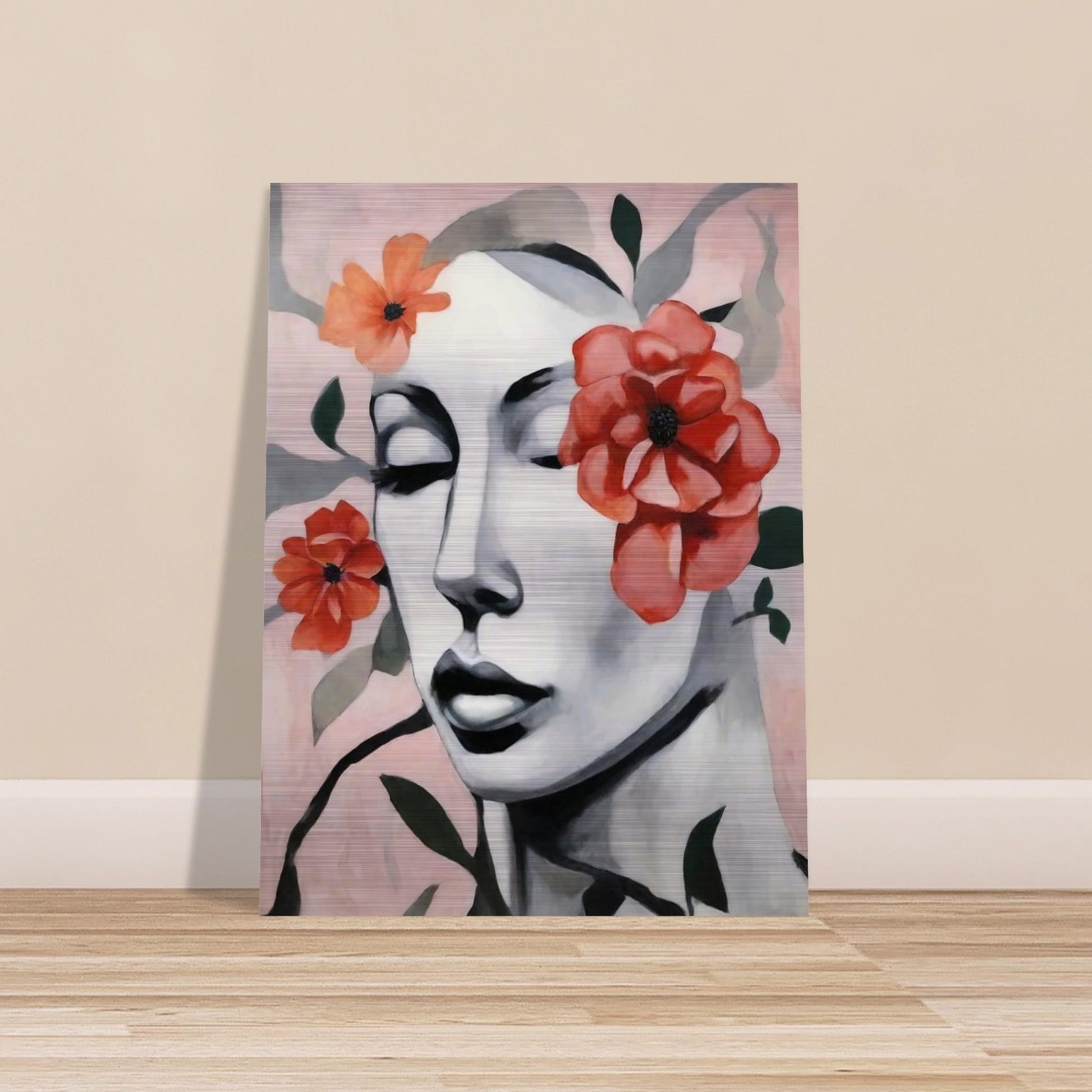 "A delicate portrait of a woman’s face with her eyes closed, surrounded by soft red and orange flowers, blending calm expression with floral beauty."