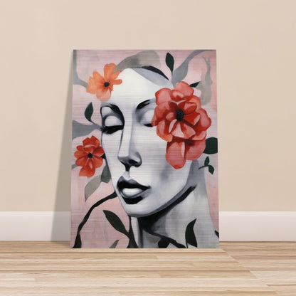 "A delicate portrait of a woman’s face with her eyes closed, surrounded by soft red and orange flowers, blending calm expression with floral beauty."