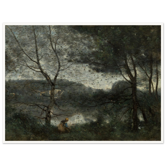A seated figure rests beneath tall trees beside a quiet lake in the shadowy landscape of Ville-d'Avray.