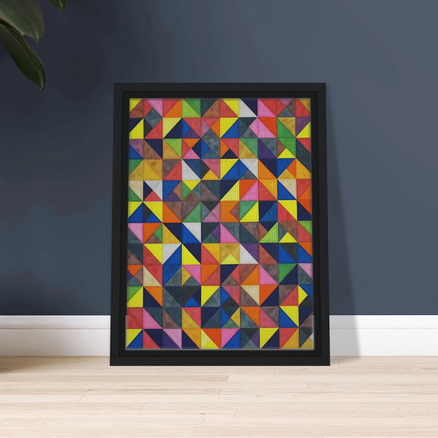 A vibrant grid of multicolored triangles forms an intricate mosaic of shifting patterns, blending symmetry, movement, and playful precision.
