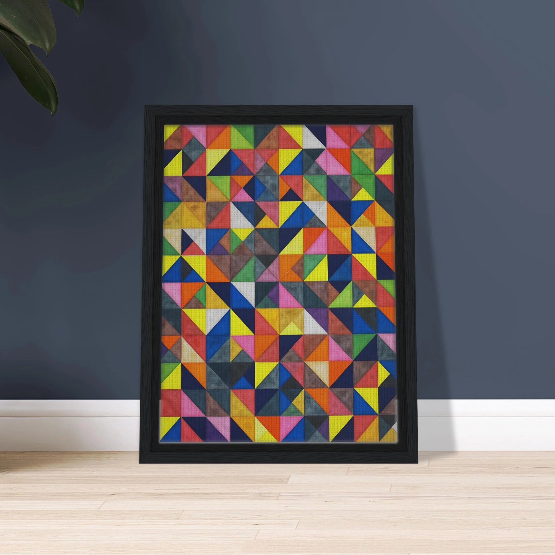 A vibrant grid of multicolored triangles forms an intricate mosaic of shifting patterns, blending symmetry, movement, and playful precision.