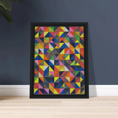 A vibrant grid of multicolored triangles forms an intricate mosaic of shifting patterns, blending symmetry, movement, and playful precision.