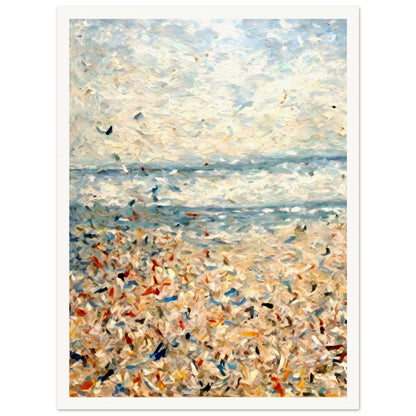 An impressionistic seascape with soft blues, whites, and sandy tones, depicting a sunlit beach with shimmering water and scattered colors.